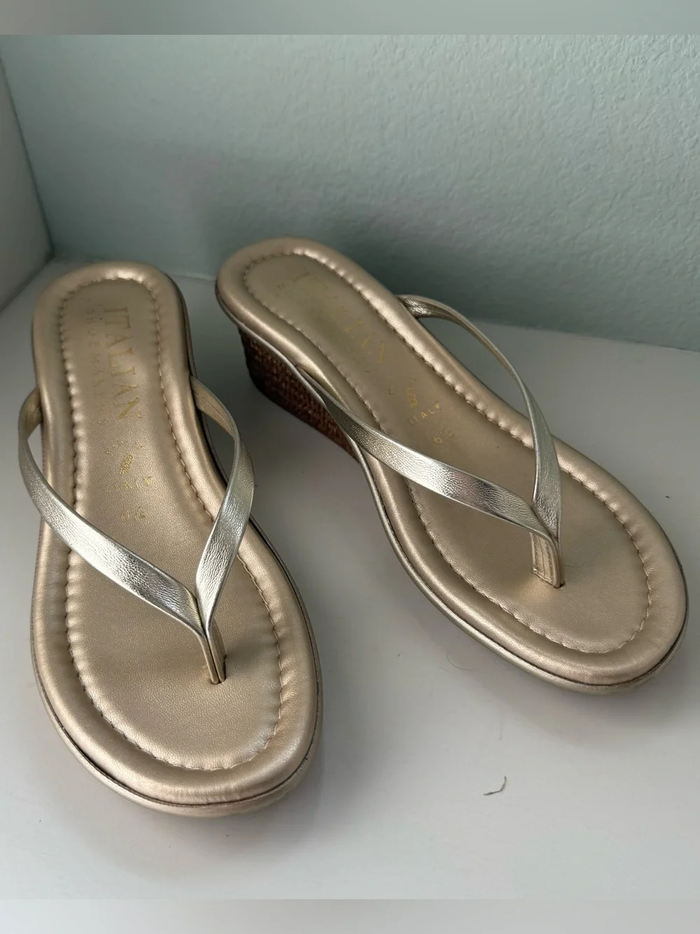 Leather Thong Gold Wedge Sandals - Picture 2 of 8
